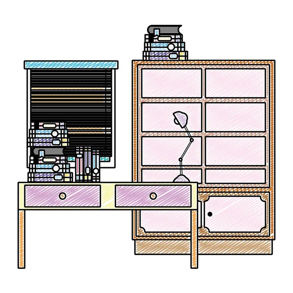 Livres Doodle Dans Bureau Bibliothèque Objet Avec Lampe Vecteur Illustration — Image vectorielle