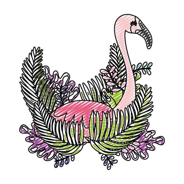 Doodle Van Tropische Planten Met Exotische Vlaamse Vogel Vectorillustratie — Stockvector