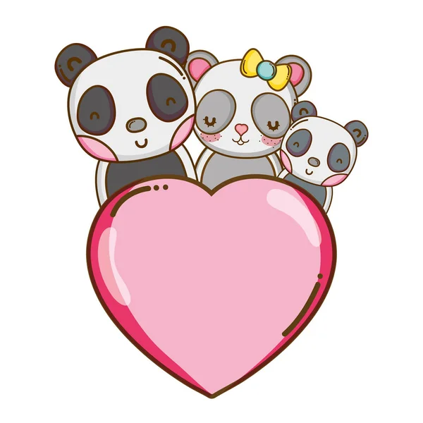 Adorable Familia Panda Junto Con Ilustración Del Vector Del Corazón — Vector de stock