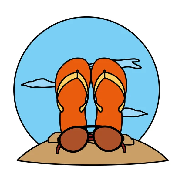 Couleur Plage Flip Flop Avec Mode Lunettes Soleil Vectoriel Illustration — Image vectorielle