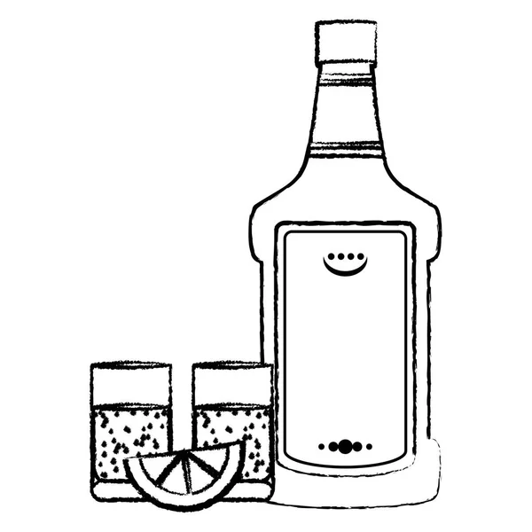 Grunge Tequila Schnapsflasche Und Glas Mit Zitronenvektorillustration — Stockvektor