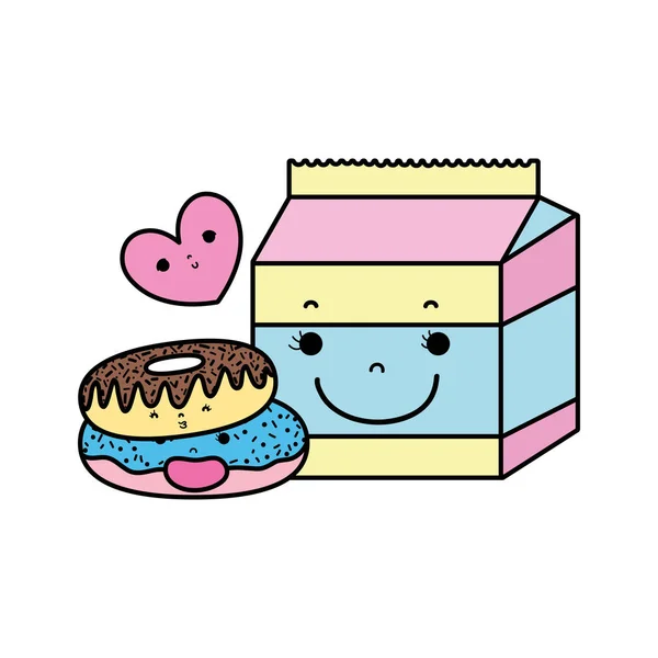 Kawaii Donuts Mit Milchbox Und Herz Vektorillustration — Stockvektor