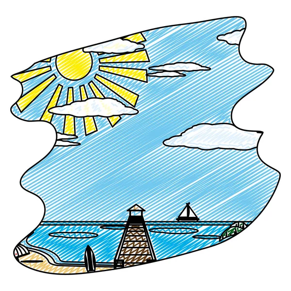 Doodle Navio Praia Com Prancha Surf Primavera Ilustração Vetor Meteorológico —  Vetores de Stock