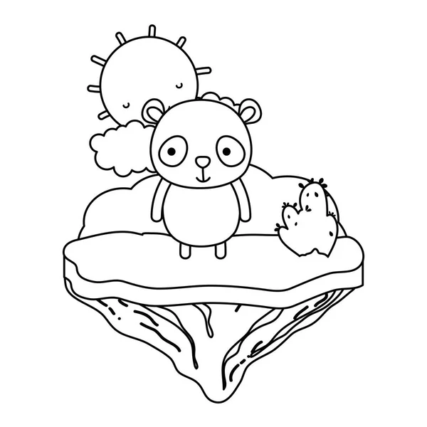 Line Happy Panda Animal Float Island Vector Illustration — Stock Vector
