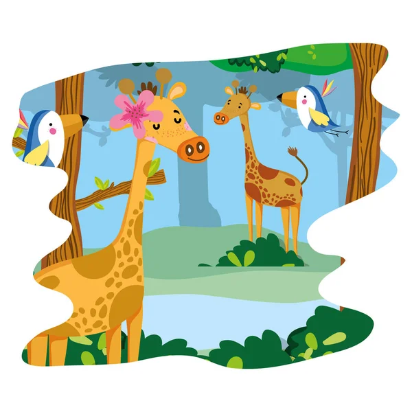 Nice Giraffes Birds Wild Animal Forest Vector Illustration — Stock Vector
