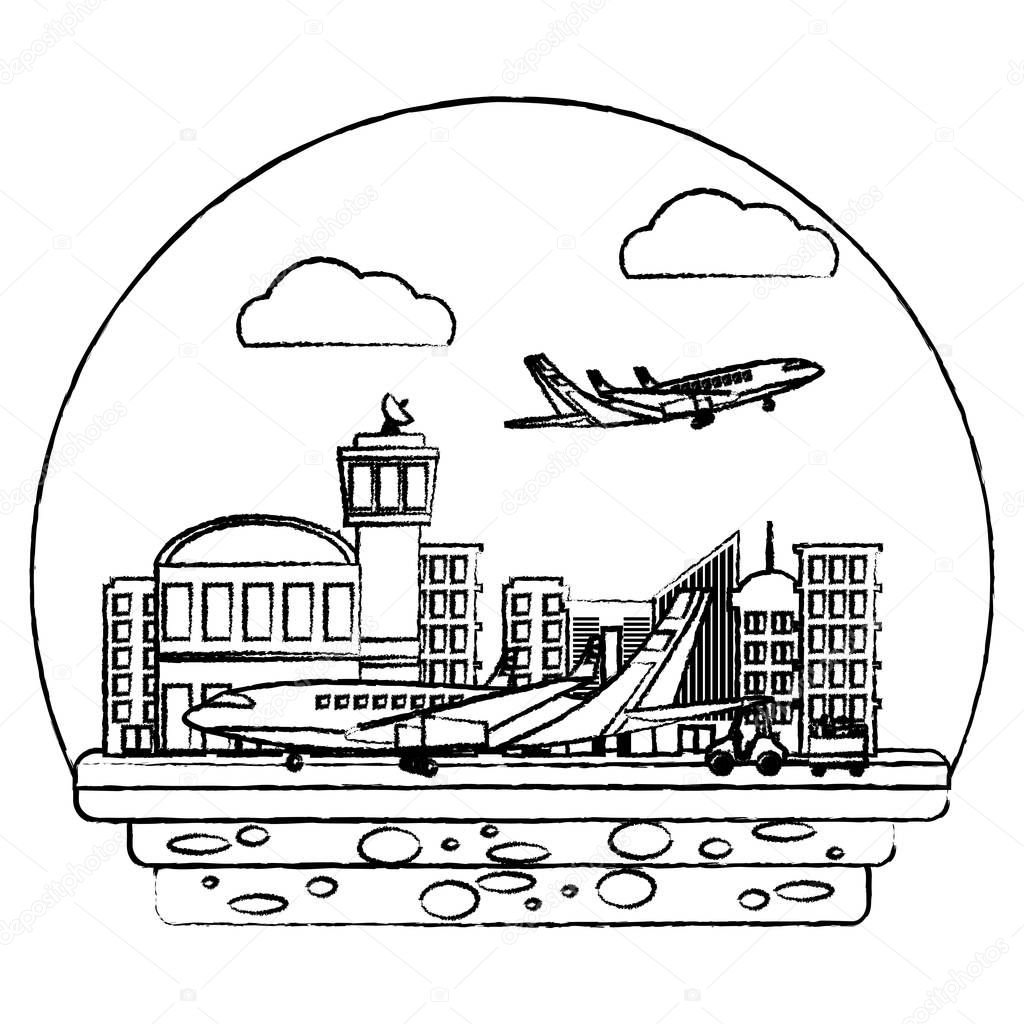 grunge airport place with airplanes and vehicle luggages vector illustration