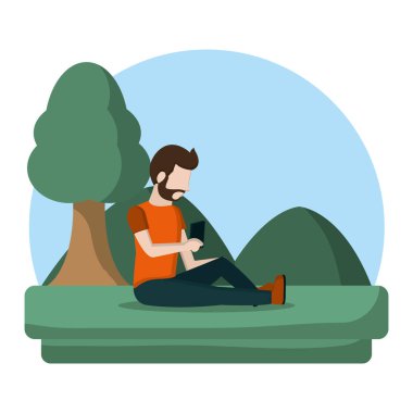 adam sosyal smartphone ve sessiz manzara vektör çizim