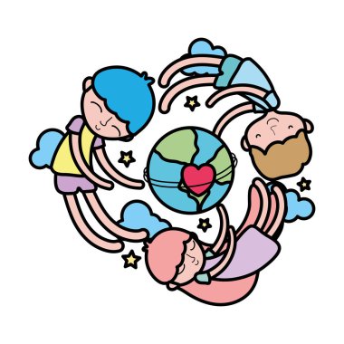 renk çocuk etrafında dünya gezegenin kalp vektör çizim ile uyku