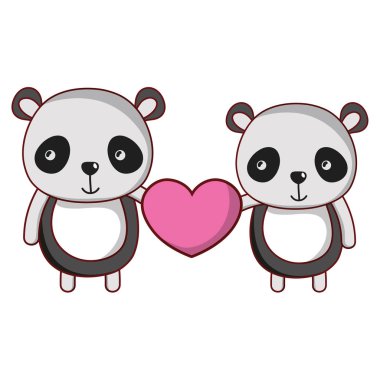 Çift panda ellerinde şirin kalpli illüstrasyon vektör