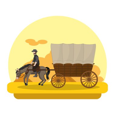 Adam arabanın içinde çöl vektör çizim ile at binmek