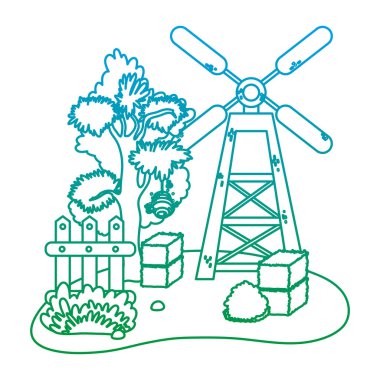 bozulmuş satır yel değirmeni çiftliği saman balya ve ahşap grillage vektör çizim ile