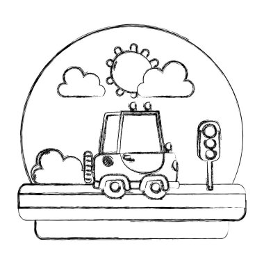 Grunge spor araba ve trafik ışıkları peyzaj illüstrasyon vektör