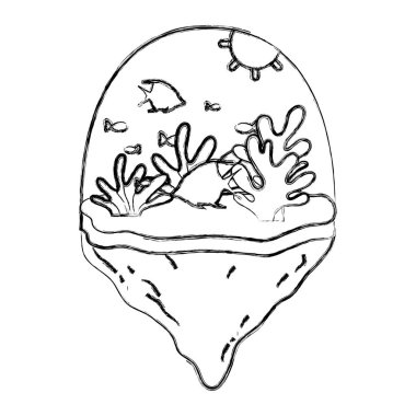 Grunge balıklar ve float Adası vektör çizim içinde egzotik deniz yosunu