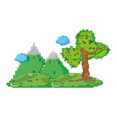 pixelated güzellik dağlar ve tropik ağaç vektör çizim