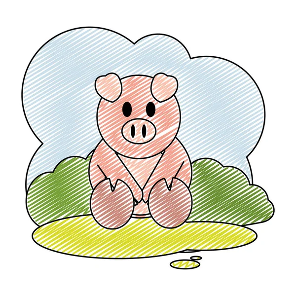 Doodle Bonito Porco Fazenda Animal Paisagem Vetor Ilustração —  Vetores de Stock