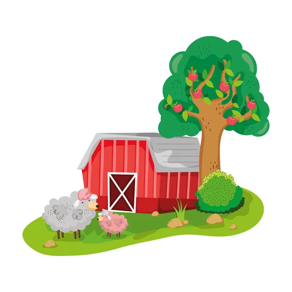 Dům Farmu Sheeps Zvířata Strom Vektorové Ilustrace — Stockový vektor