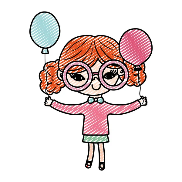 Doodle Nettes Mädchen Kind Mit Brille Und Luftballons Vektor Illustration — Stockvektor