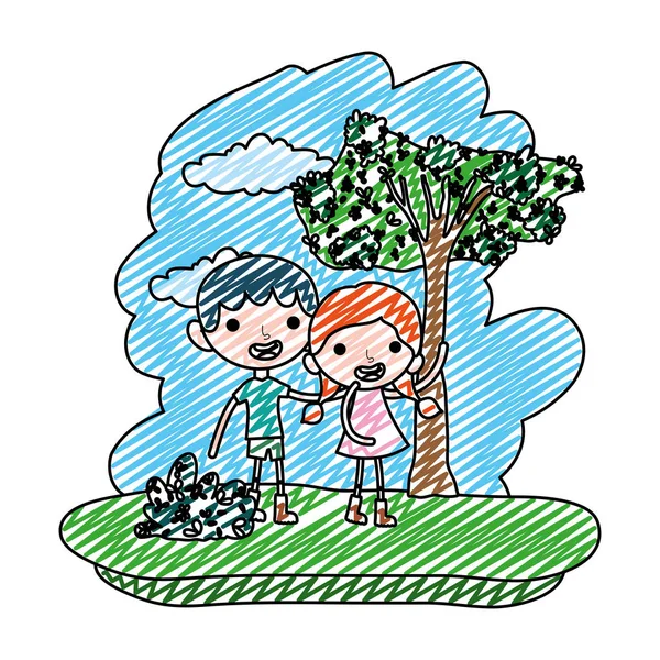 涂鸦可爱的女孩和男孩在森林向量例证 — 图库矢量图片
