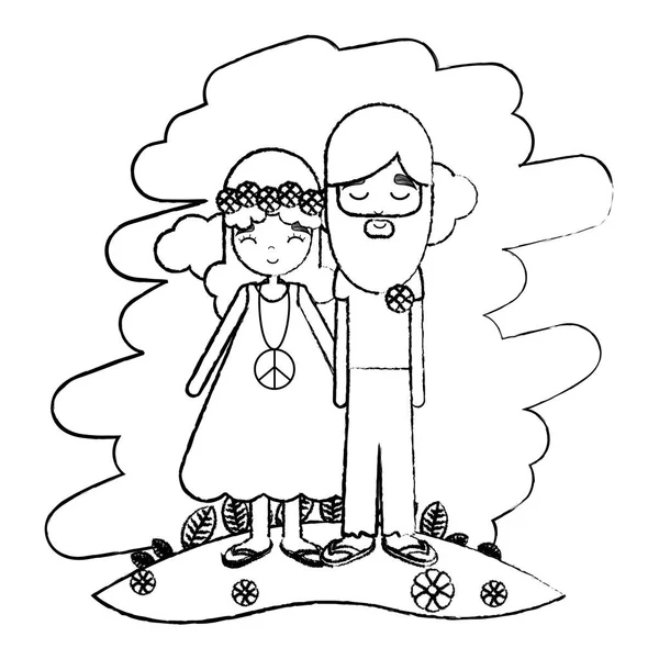 Grunge Cute Hippie Love Couple Landscape Vector Illustration — Stock Vector