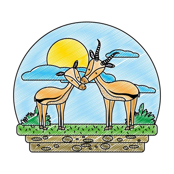Doodle Carino Cervo Coppia Animale Selvatico Nel Paesaggio Vettoriale Illustrazione — Vettoriale Stock