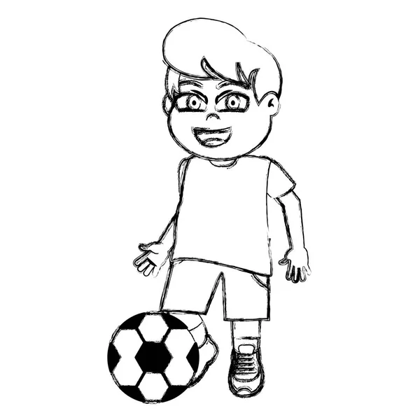 Grunge Niño Feliz Niño Con Pelota Fútbol Vector Ilustración — Vector de stock