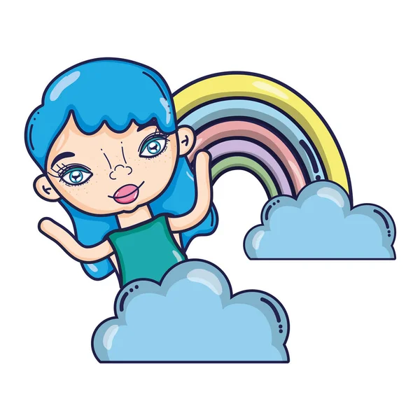 Mujer Agradable Con Arco Iris Nubes Esponjosas Vector Ilustración — Vector de stock