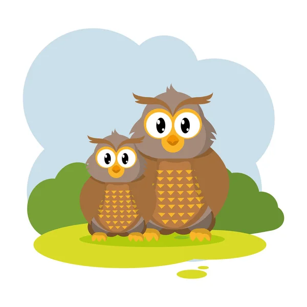 Couple Owl Wild Animal Landscape Vector Illustration — Stock Vector