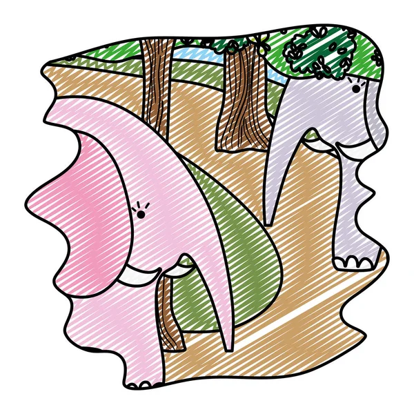 Doodle Adorável Elefante Casal Animal Floresta Vetor Ilustração — Vetor de Stock