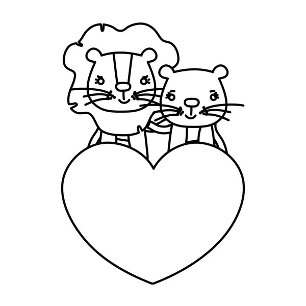 Ligne Couple Lion Avec Mignon Coeur Vecteur Illustration — Image vectorielle