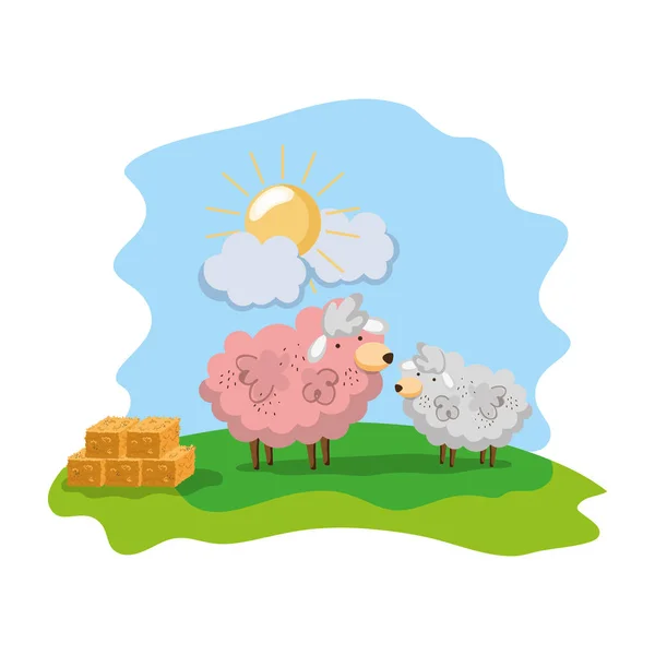 Moutons Animal Famille Avec Illustration Vectorielle Balle Paille — Image vectorielle