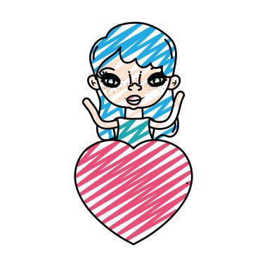 Bluz ve kalp aşk vektör çizim ile güzel kadın doodle