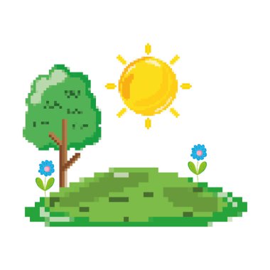 pixelated güneş ve ağaçlar tropikal çiçeklerle illüstrasyon vektör