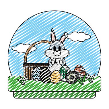 kirli çamaşırlık ve yumurta Paskalya vektör çizim ile tavşan ayakta doodle