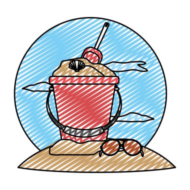 kum kova kürek oyuncak ile doodle ve güneş gözlüğü illüstrasyon vektör