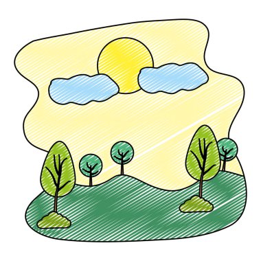 doğa manzara ağaçlar güneş ile doodle ve bulutlar illüstrasyon vektör