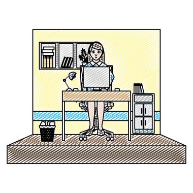 şık iş kadını office dosya dolabı vektör çizim ile doodle