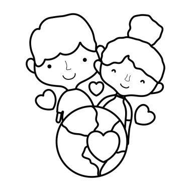 dünya gezegen ve kalpleri ile satır güzellik çift illüstrasyon vektör