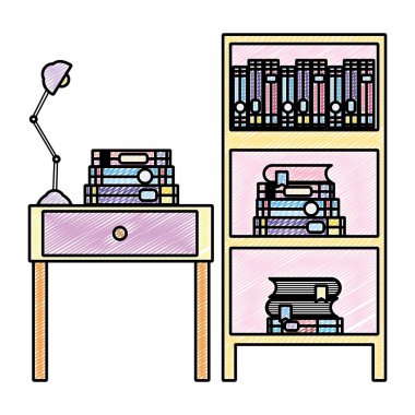 kitap ve lamba kitaplık vektör çizim ile tablo sonunda doodle