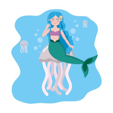 Güzellik siren kadınla jellyfishes hayvanlar illüstrasyon vektör