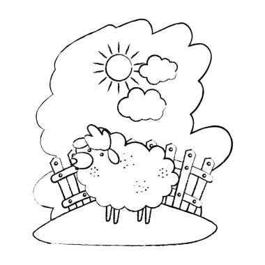 Grunge koyun çiftlik hayvan indide ahşap grillage vektör çizim