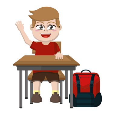sırt çantası vektör çizim ile okul masası oturan çocuk