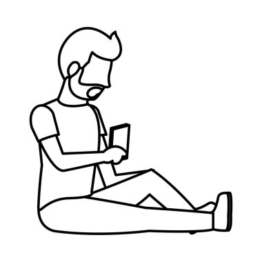 çizgi adam akıllı telefon sosyal iletişim vektör çizim ile oturuyor