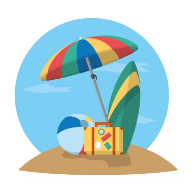 şemsiye açık plaj topu ve sörf tahtası vektör çizim ile