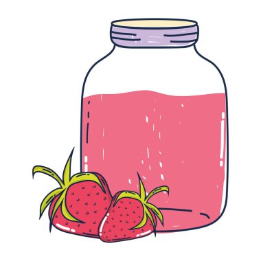 lezzetli çilek meyve ve meyve suyu vektör çizim kavanoz