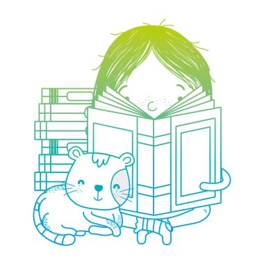 oturma ve kedi hayvan vektör çizim ile kitap okuma bozulmuş hat kız