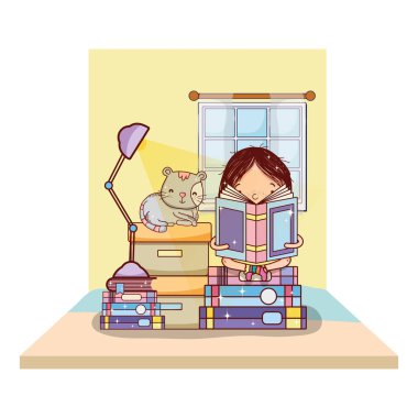 Kız kutuları ve kedi vektör çizim ile kitap okuma