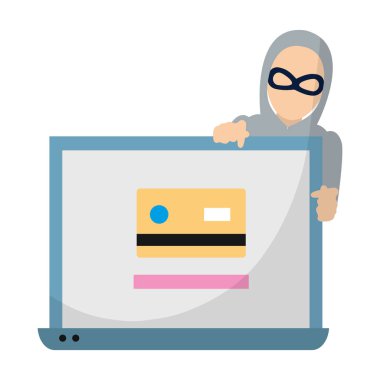 Laptop ile kredi kartı ve hacker veri illüstrasyon vektör