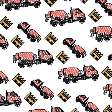 Mikser Kamyon ekipman ve arka plan vektör çizim bina doodle