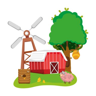 Ev grubu ile mindmill ve bal arıları vektör çizim