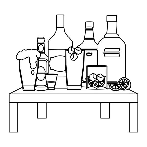 Alkohol Nápojů Láhve Sklo Stůl Vektorové Ilustrace — Stockový vektor